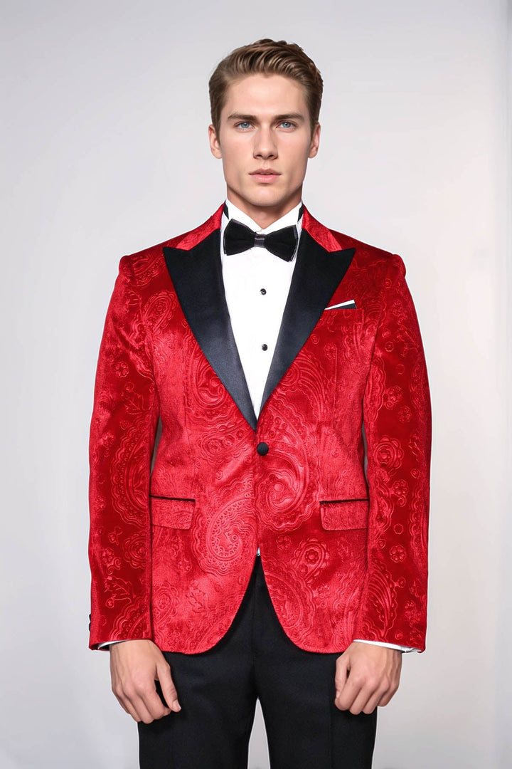 WSS Floral Patterned Velvet Burgundy Men Tuxedo Jacket  - French Valley