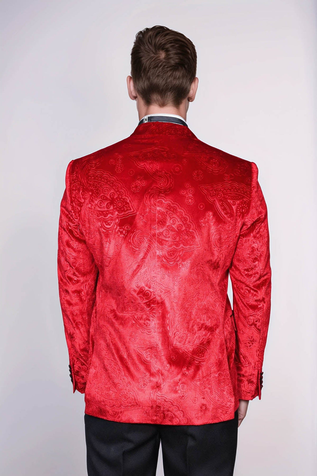 WSS Floral Patterned Velvet Burgundy Men Tuxedo Jacket  - French Valley