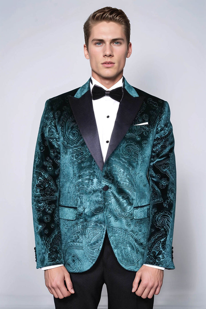 WSS Floral Patterned Velvet Green Men Evening Jacket  - Corvallis