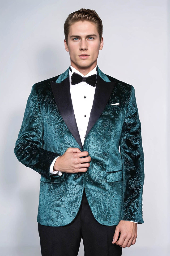 WSS Floral Patterned Velvet Green Men Evening Jacket  - Corvallis