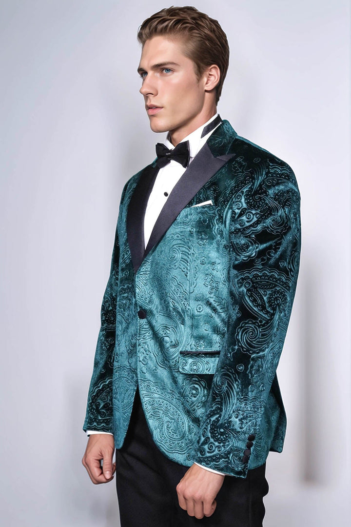 WSS Floral Patterned Velvet Green Men Evening Jacket  - Corvallis