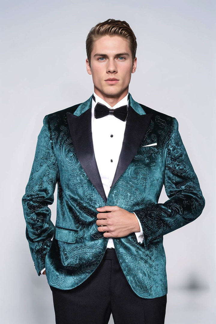 WSS Floral Patterned Velvet Green Men Evening Jacket  - Corvallis