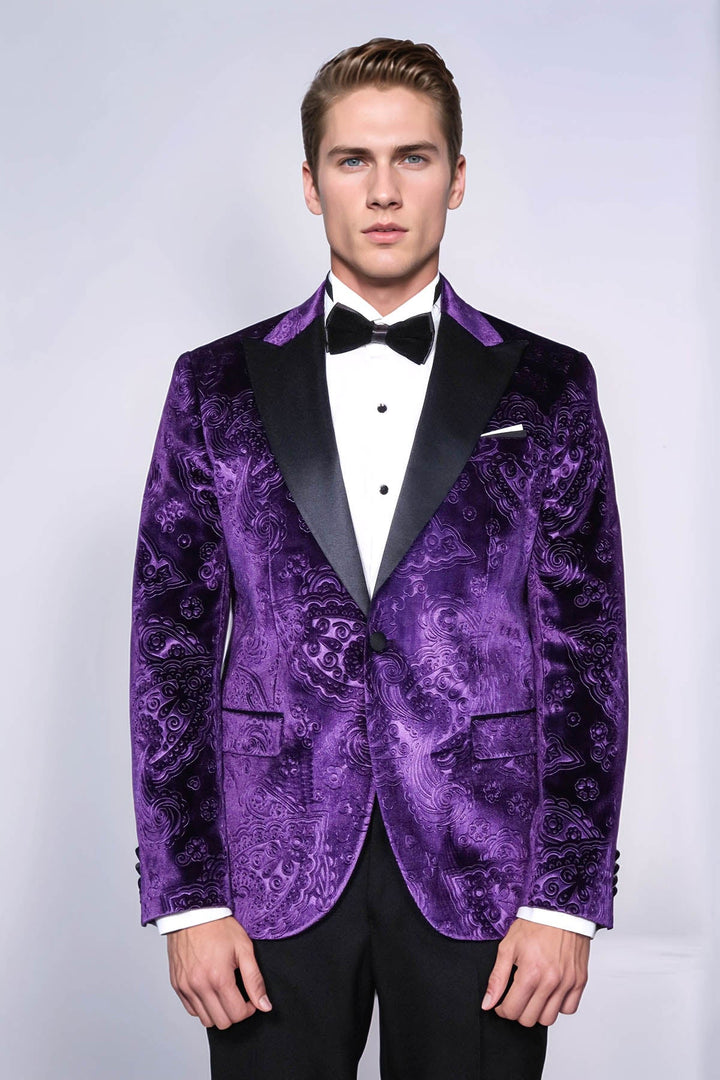 WSS Floral Patterned Purple Velvet Men Tuxedo  Jacket  - Darlington
