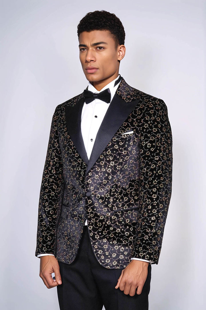 WSS Tiny Flower Pattern Black Men Tuxedo Blazer  - Miramar