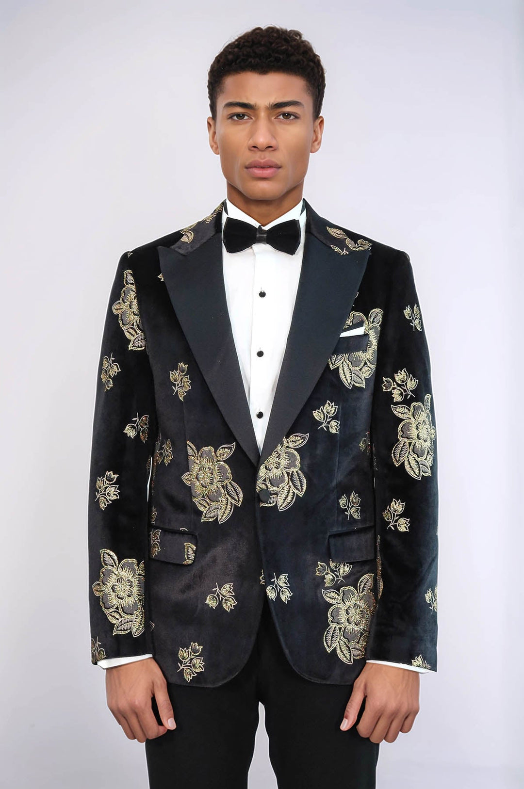 WSS Gold Floral Patterned Shiny Black Men Party Tuxedo  Blazer  - Boston