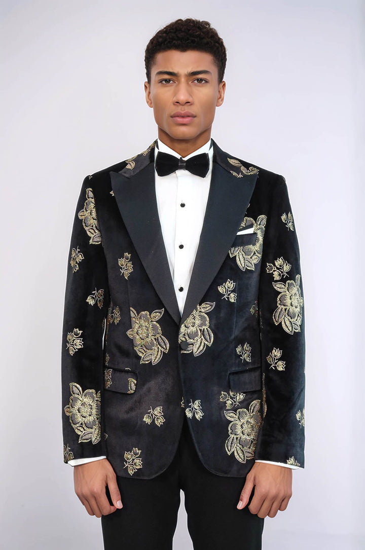 WSS Gold Floral Patterned Shiny Black Men Party Tuxedo  Blazer  - Boston