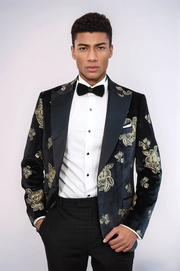 WSS Gold Floral Patterned Shiny Black Men Party Tuxedo  Blazer  - Boston