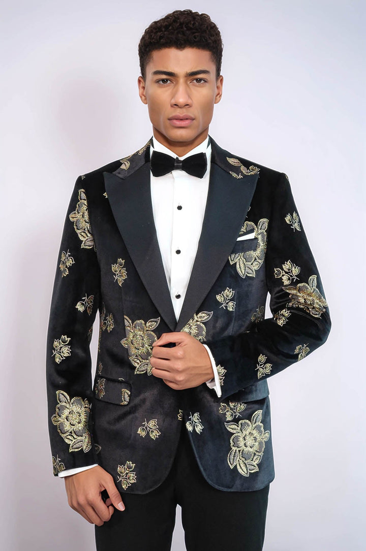WSS Gold Floral Patterned Shiny Black Men Party Tuxedo  Blazer  - Boston