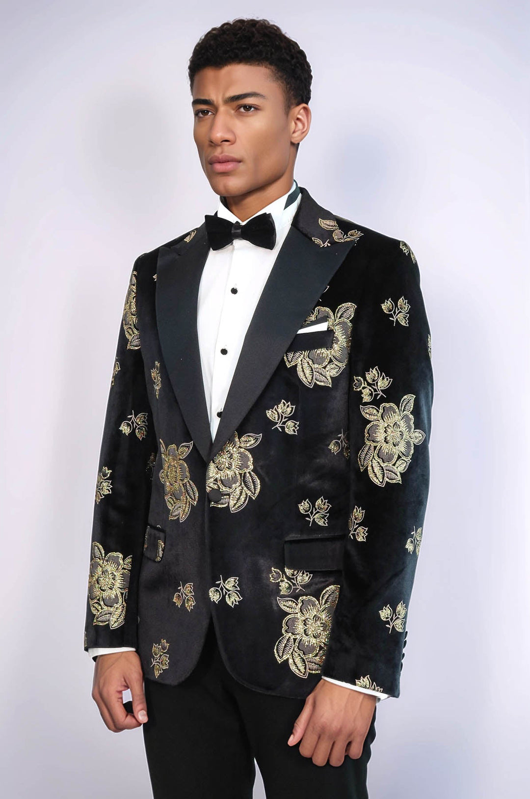 WSS Gold Floral Patterned Shiny Black Men Party Tuxedo  Blazer  - Boston
