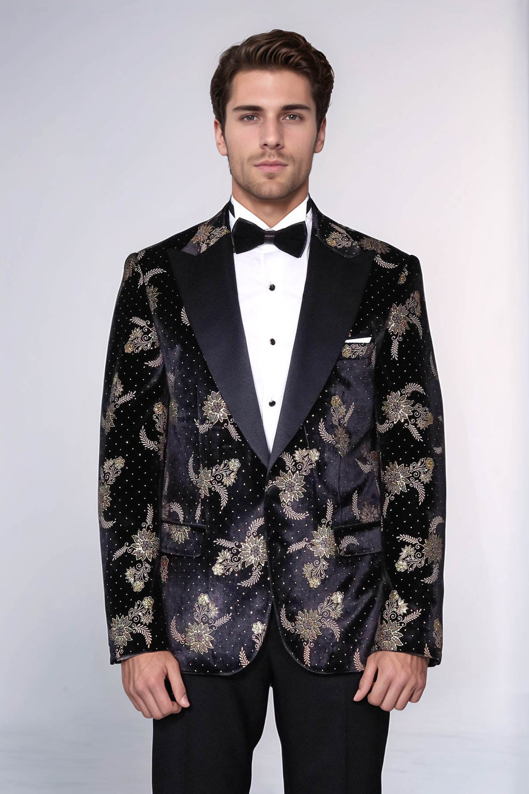 WSS Dot Floral Patterned Velvet Black Men Prom Blazer  - Albstadt