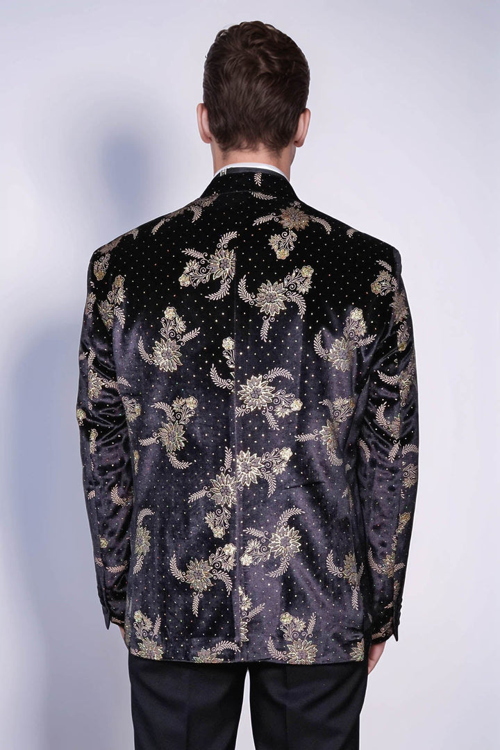 WSS Dot Floral Patterned Velvet Black Men Prom Blazer  - Albstadt