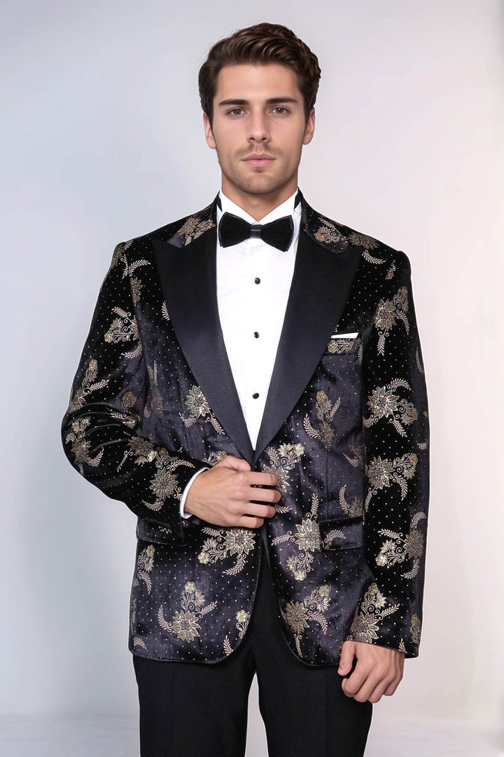 WSS Dot Floral Patterned Velvet Black Men Prom Blazer  - Albstadt