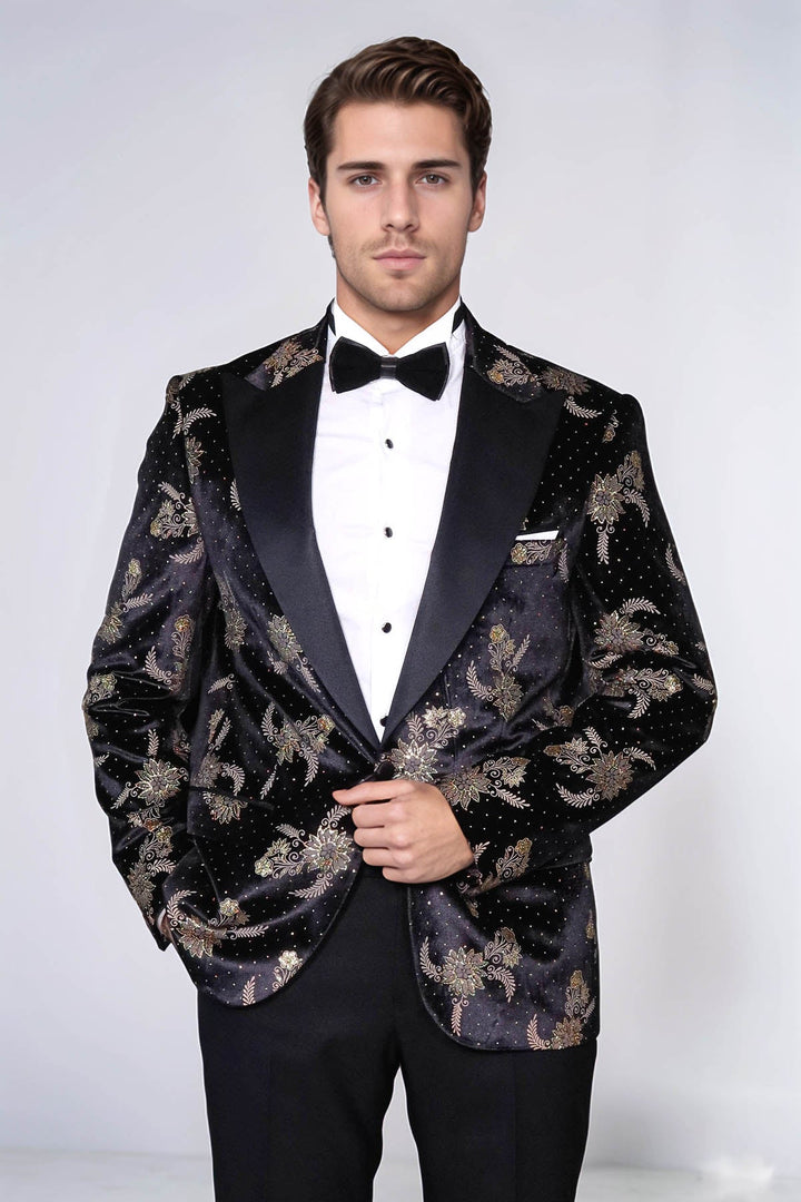 WSS Dot Floral Patterned Velvet Black Men Prom Blazer  - Albstadt