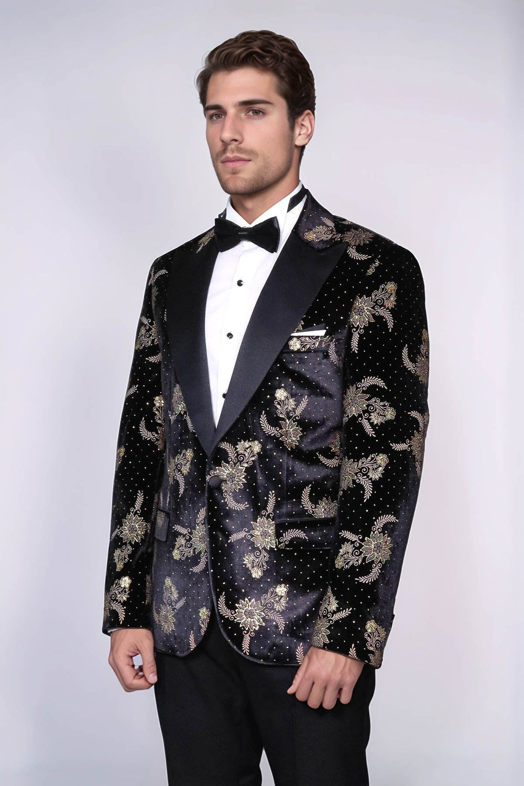 WSS Dot Floral Patterned Velvet Black Men Prom Blazer  - Albstadt
