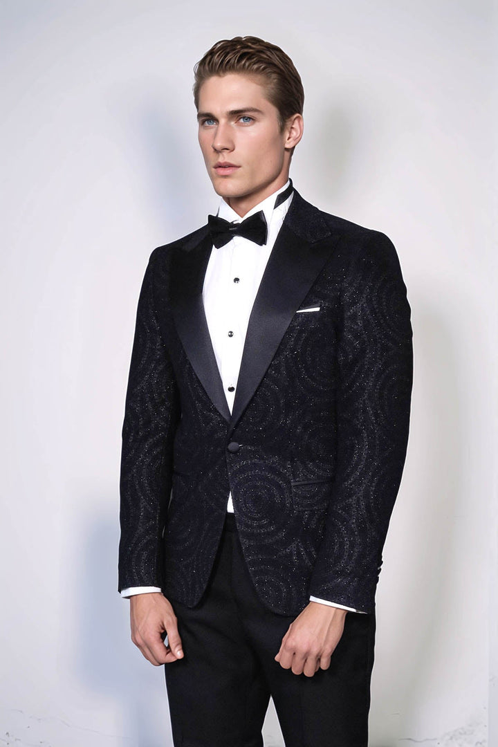 WSS Hypnose Patterned Peak Lapel Slim Fit Black Men Tuxedo  Blazer  - Bonn