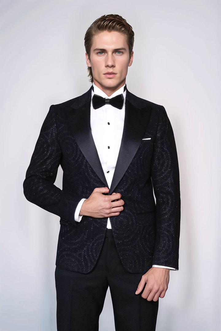 WSS Hypnose Patterned Peak Lapel Slim Fit Black Men Tuxedo  Blazer  - Bonn