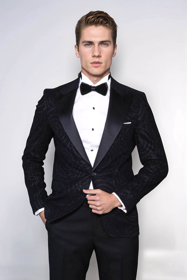 WSS Hypnose Patterned Peak Lapel Slim Fit Black Men Tuxedo  Blazer  - Bonn