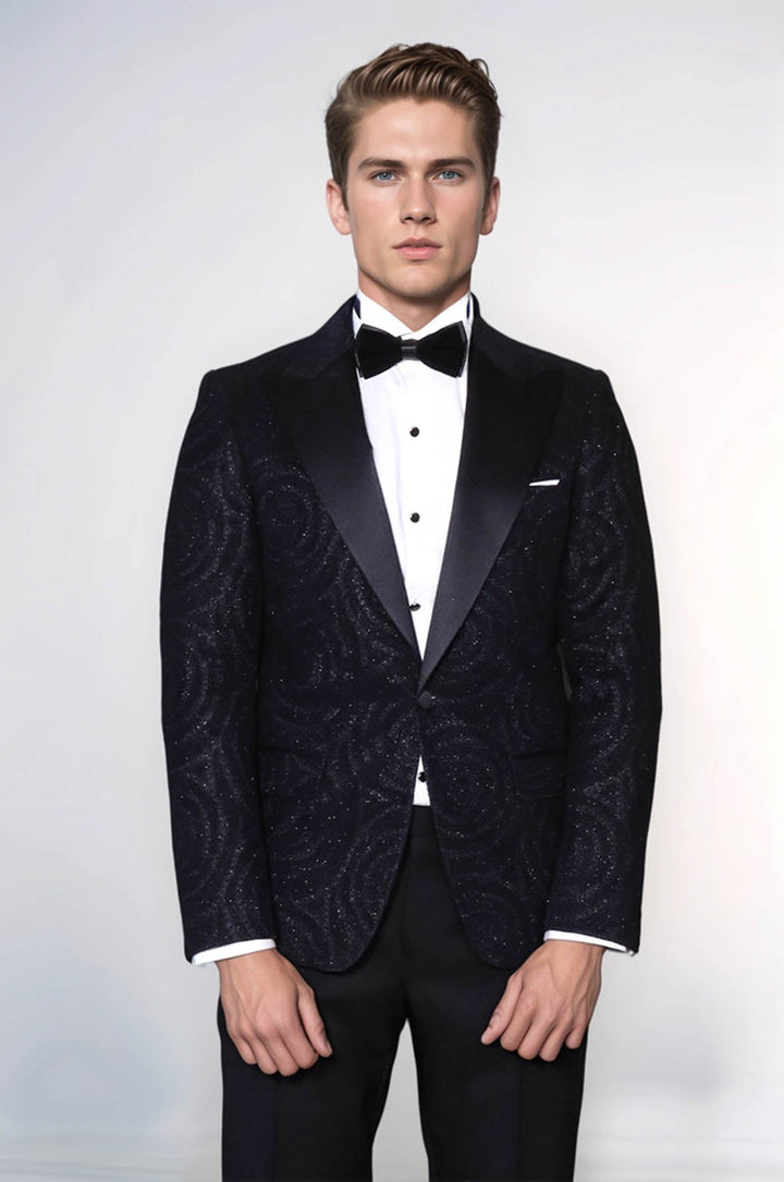 WSS Hypnose Patterned Peak Lapel Slim Fit Black Men Tuxedo  Blazer  - Bonn