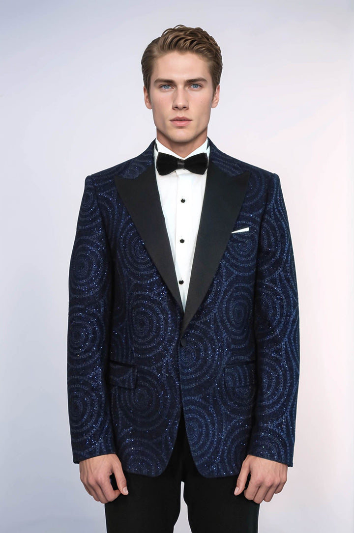 WSS Hypnose Pattern Peak Lapel Slim Fit Navy Blue Men Tuxedo  Blazer  - Ixtlahuacán de los Membrillos