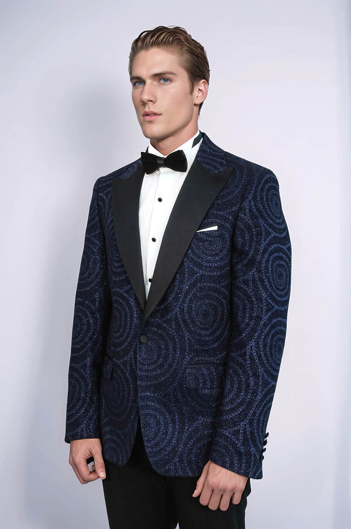 WSS Hypnose Pattern Peak Lapel Slim Fit Navy Blue Men Tuxedo  Blazer  - Ixtlahuacán de los Membrillos