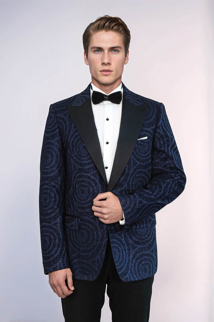 WSS Hypnose Pattern Peak Lapel Slim Fit Navy Blue Men Tuxedo  Blazer  - Ixtlahuacán de los Membrillos