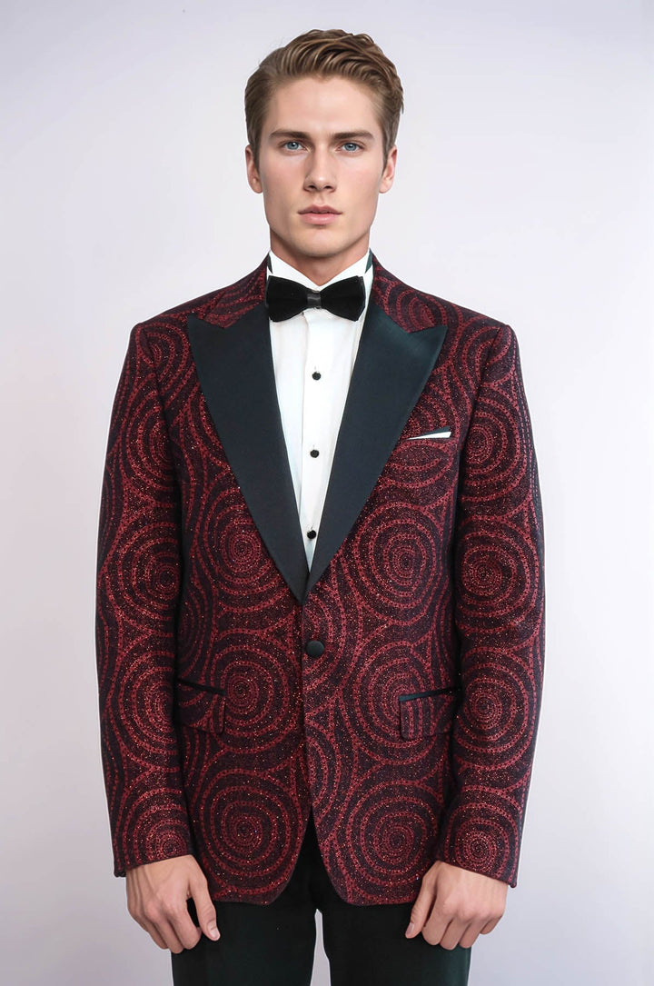 WSS Hypnose Pattern Peak Lapel Slim Fit Burgundy Men Tuxedo  Blazer  - Utrera