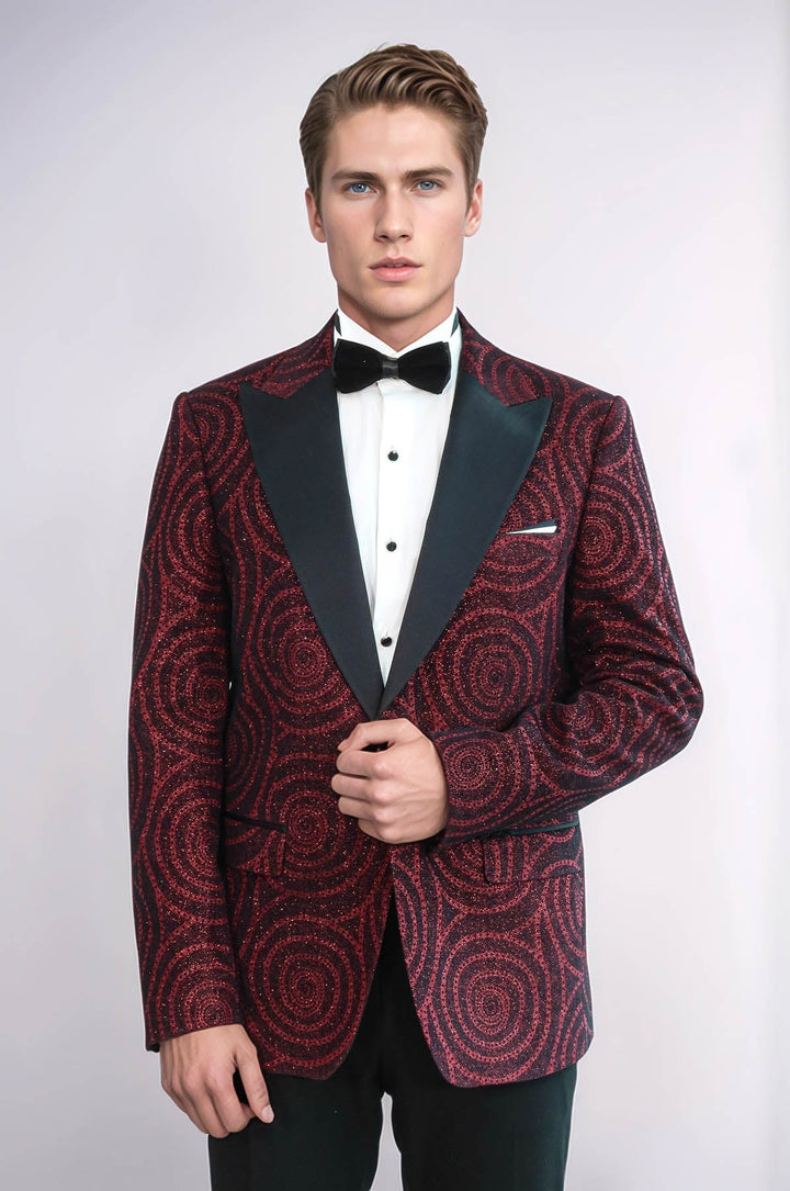 WSS Hypnose Pattern Peak Lapel Slim Fit Burgundy Men Tuxedo  Blazer  - Utrera