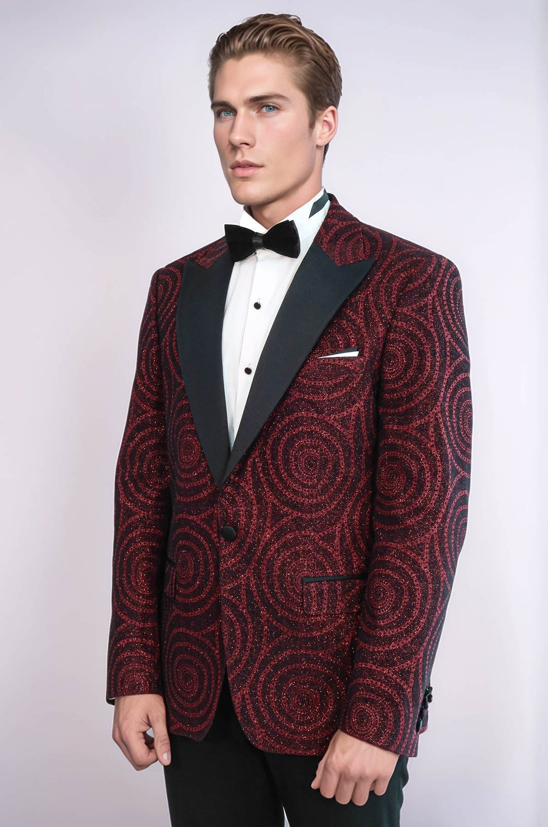 WSS Hypnose Pattern Peak Lapel Slim Fit Burgundy Men Tuxedo  Blazer  - Utrera