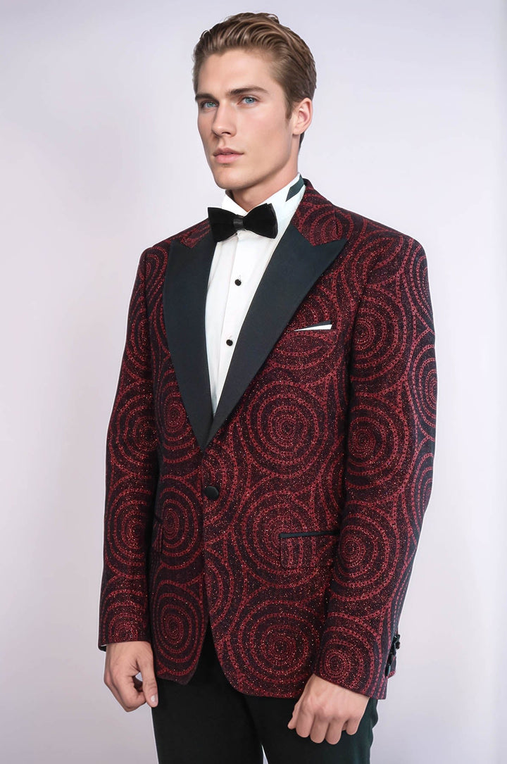 WSS Hypnose Pattern Peak Lapel Slim Fit Burgundy Men Tuxedo  Blazer  - Utrera
