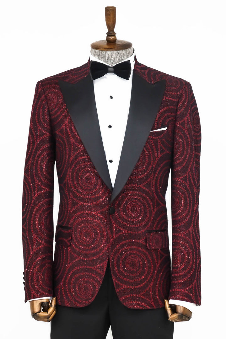 WSS Hypnose Pattern Peak Lapel Slim Fit Burgundy Men Prom Blazer  - Singen