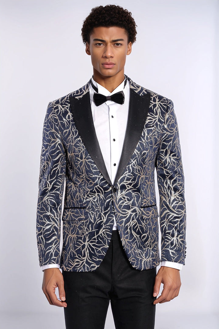 WSS Sparkling Ivy Patterned Slim Fit Navy Blue Men Tuxedo Jacket  - Paris