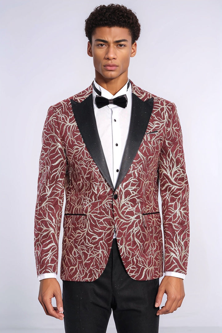 WSS Sparkling Ivy Patterned Slim Fit Burgundy Men Evening Tuxedo Jacket  - Santa Rosa