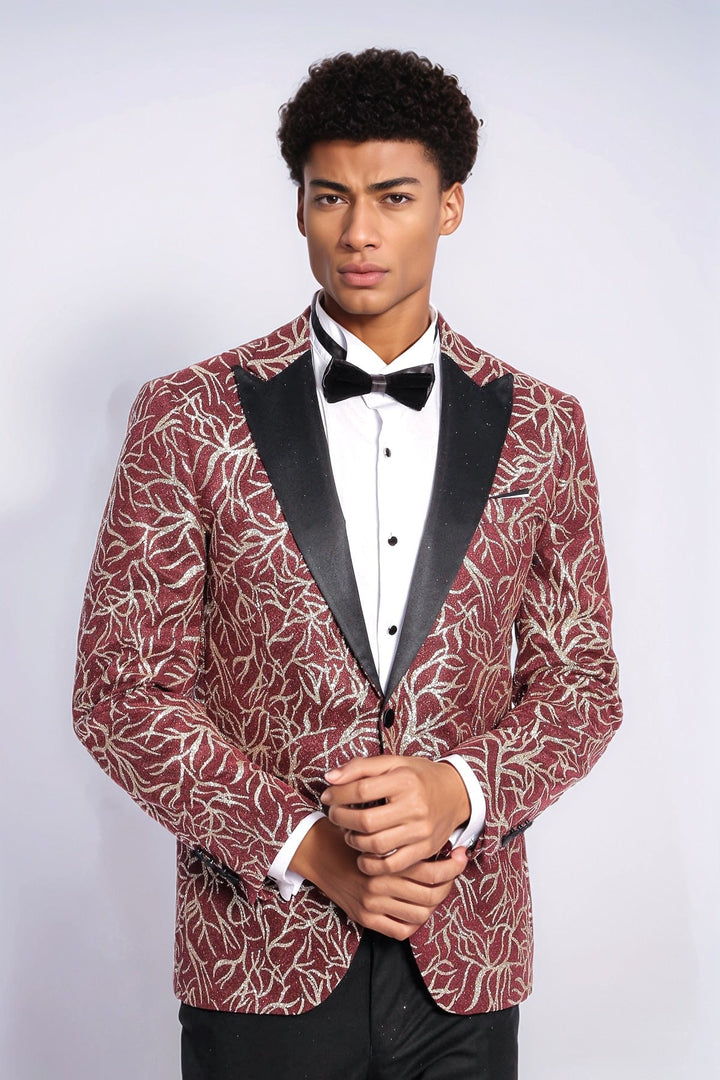 WSS Sparkling Ivy Patterned Slim Fit Burgundy Men Evening Tuxedo Jacket  - Santa Rosa