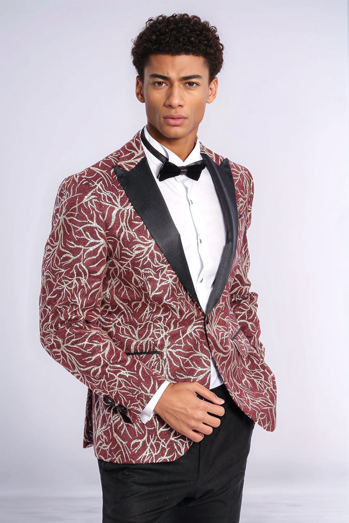WSS Sparkling Ivy Patterned Slim Fit Burgundy Men Evening Tuxedo Jacket  - Santa Rosa