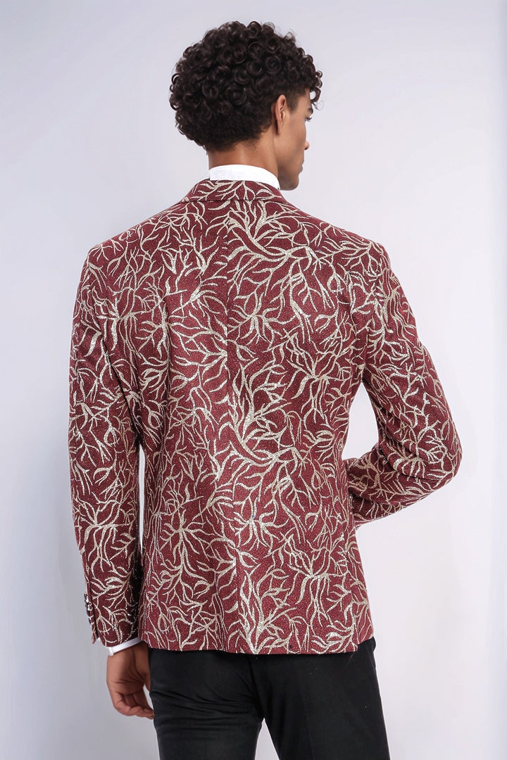 WSS Sparkling Ivy Patterned Slim Fit Burgundy Men Evening Tuxedo Jacket  - Santa Rosa