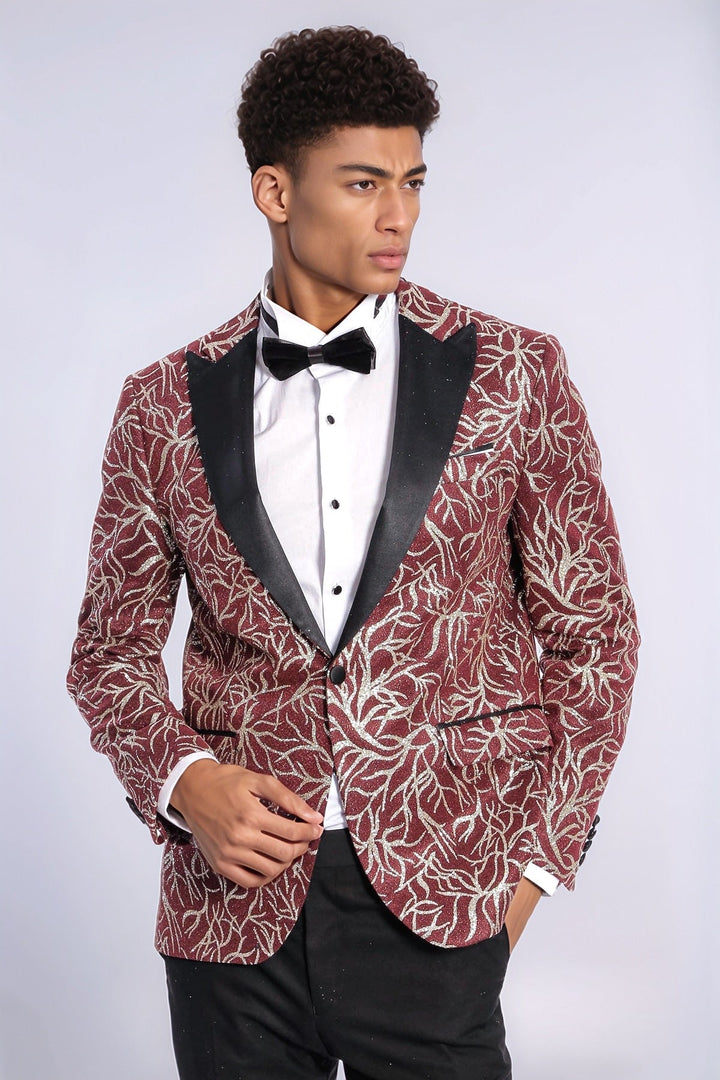 WSS Sparkling Ivy Patterned Slim Fit Burgundy Men Evening Tuxedo Jacket  - Santa Rosa