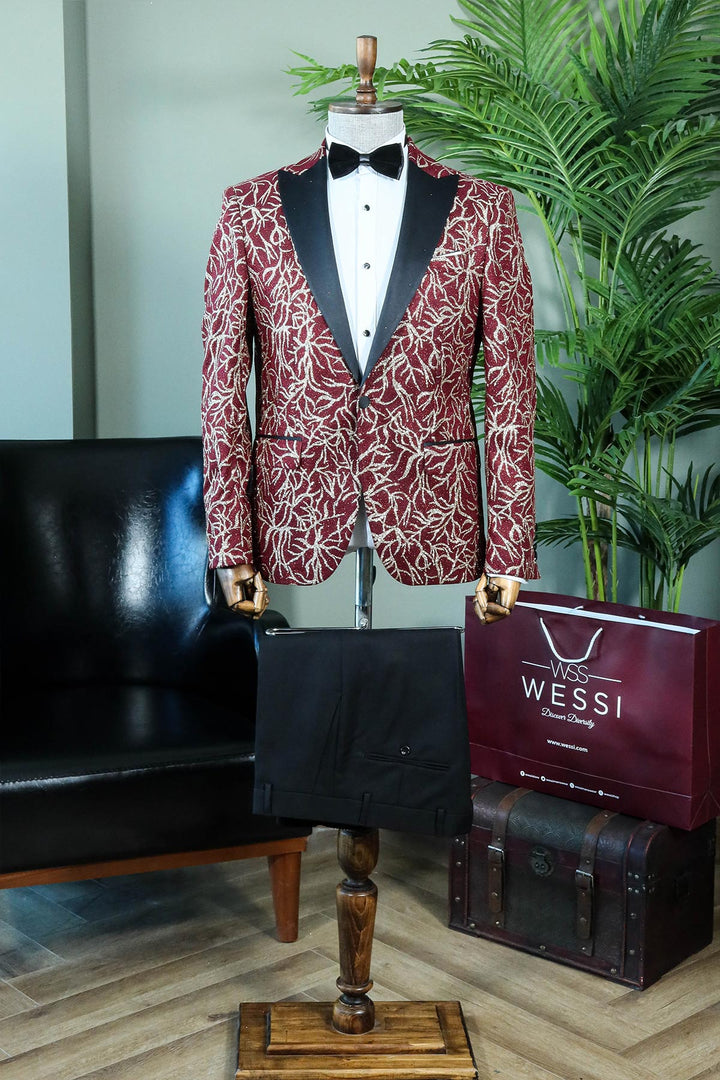 WSS Red Glitter Vine Pattern Peak Lapel Tuxedo Jacket with Black Pants - Statement Party Attire - Springdale
