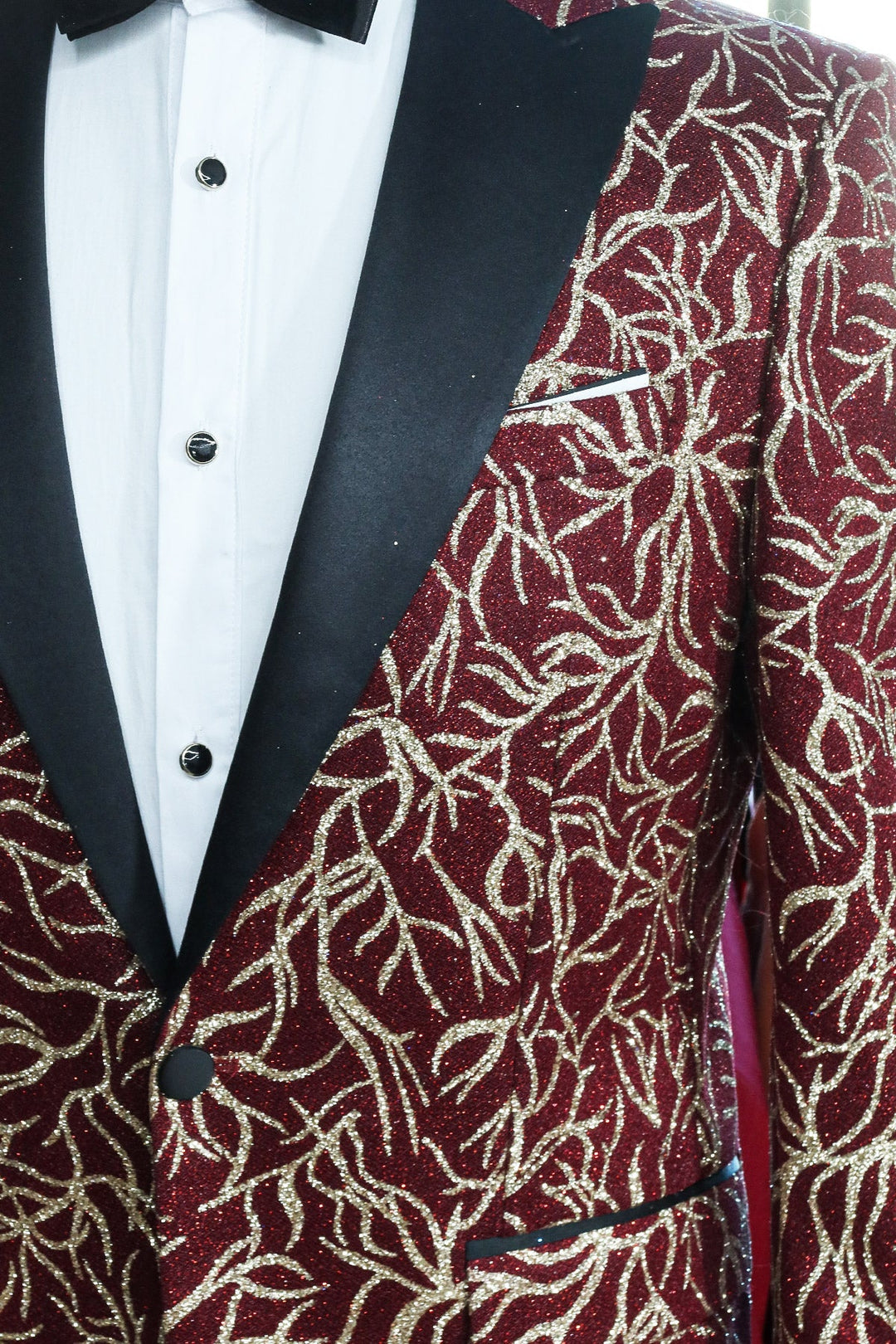 WSS Red Glitter Vine Pattern Peak Lapel Tuxedo Jacket with Black Pants - Statement Party Attire - Springdale