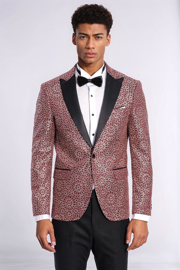WSS Flower Embroidered Pattern Burgundy Men Tuxedo Blazer  - Soteapan
