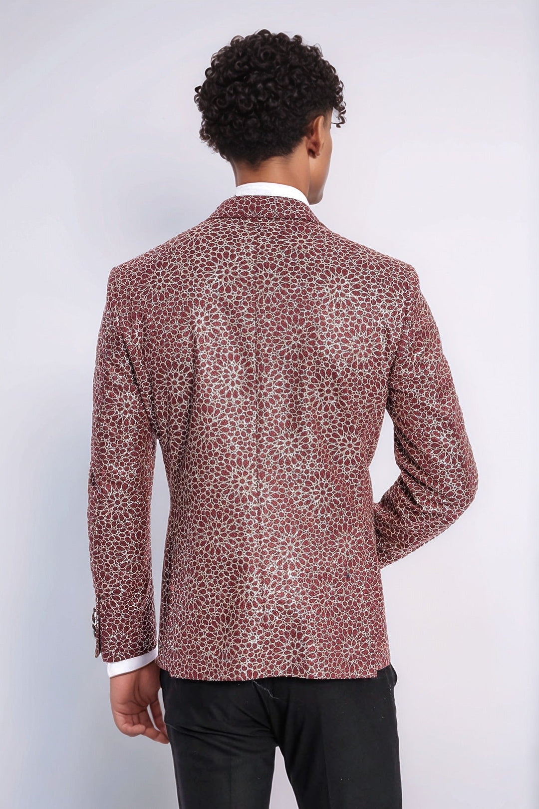WSS Flower Embroidered Pattern Burgundy Men Tuxedo Blazer  - Soteapan