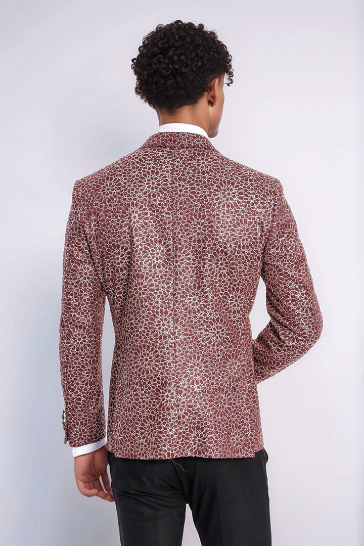 WSS Flower Embroidered Pattern Burgundy Men Tuxedo Blazer  - Soteapan