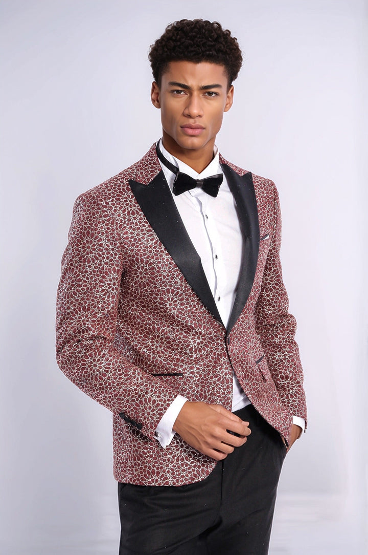 WSS Flower Embroidered Pattern Burgundy Men Tuxedo Blazer  - Soteapan