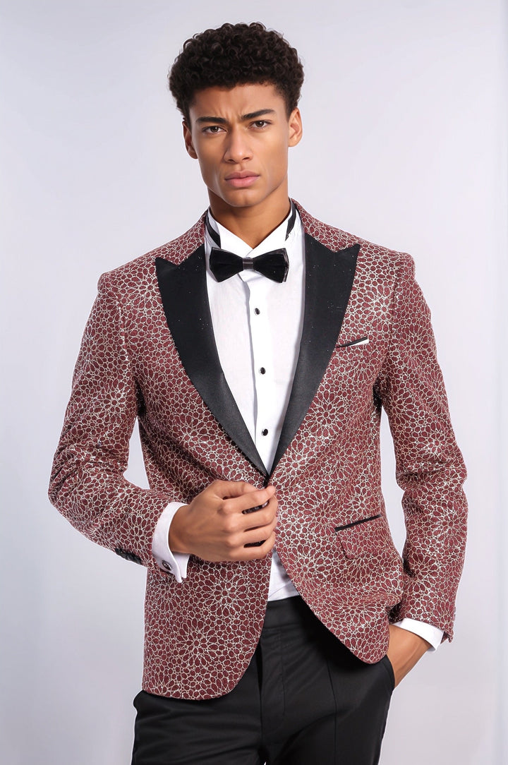 WSS Flower Embroidered Pattern Burgundy Men Tuxedo Blazer  - Soteapan