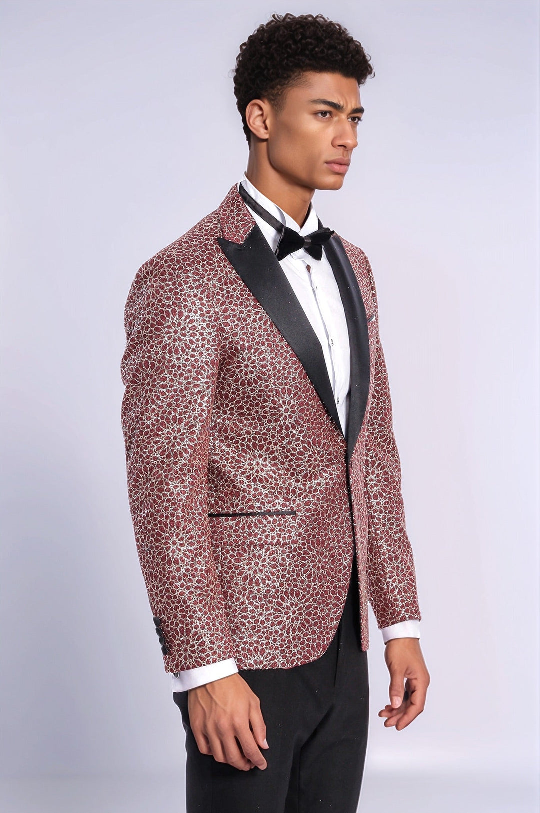 WSS Flower Embroidered Pattern Burgundy Men Tuxedo Blazer  - Soteapan