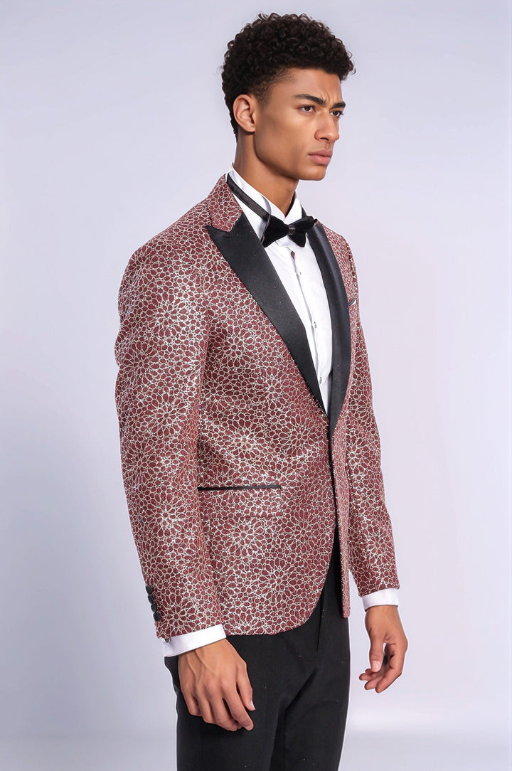 WSS Flower Embroidered Pattern Burgundy Men Tuxedo Blazer  - Soteapan