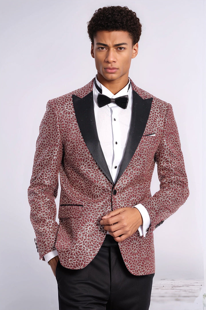 WSS Flower Embroidered Pattern Burgundy Men Tuxedo Blazer  - Soteapan