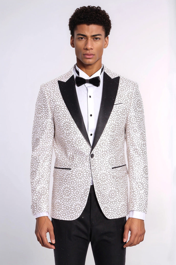 WSS Flower Embroidered Pattern White Men Wedding Tuxedo Jacket  - Leigh