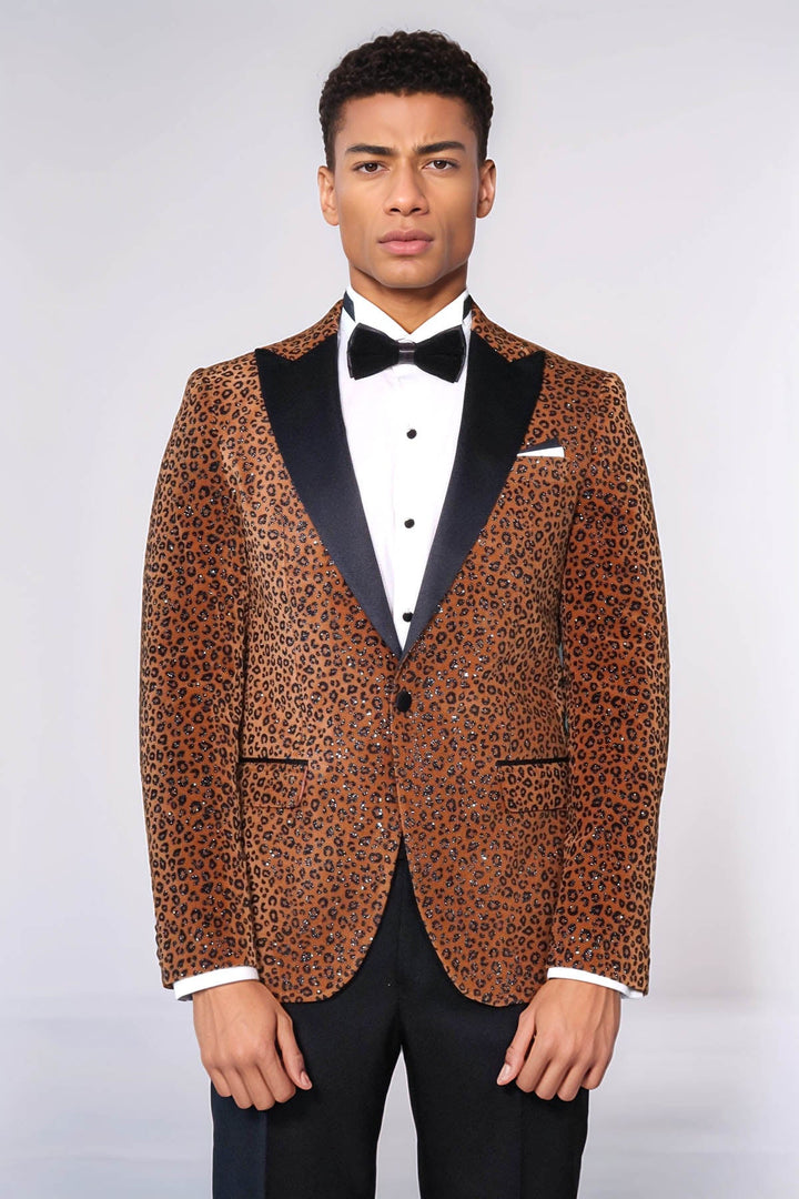 WSS Leopard Pattern Slim Fit Peak Lapel Yellow Men Tuxedo Party Blazer - Belleville