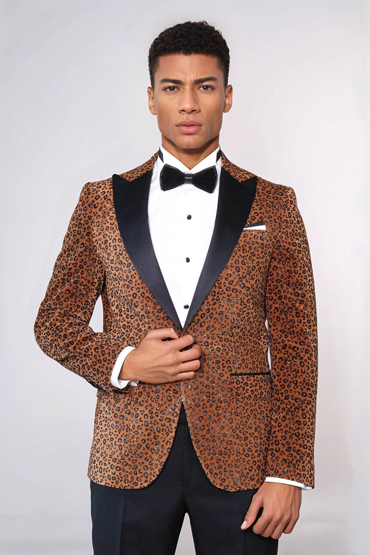 WSS Leopard Pattern Slim Fit Peak Lapel Yellow Men Tuxedo Party Blazer - Belleville