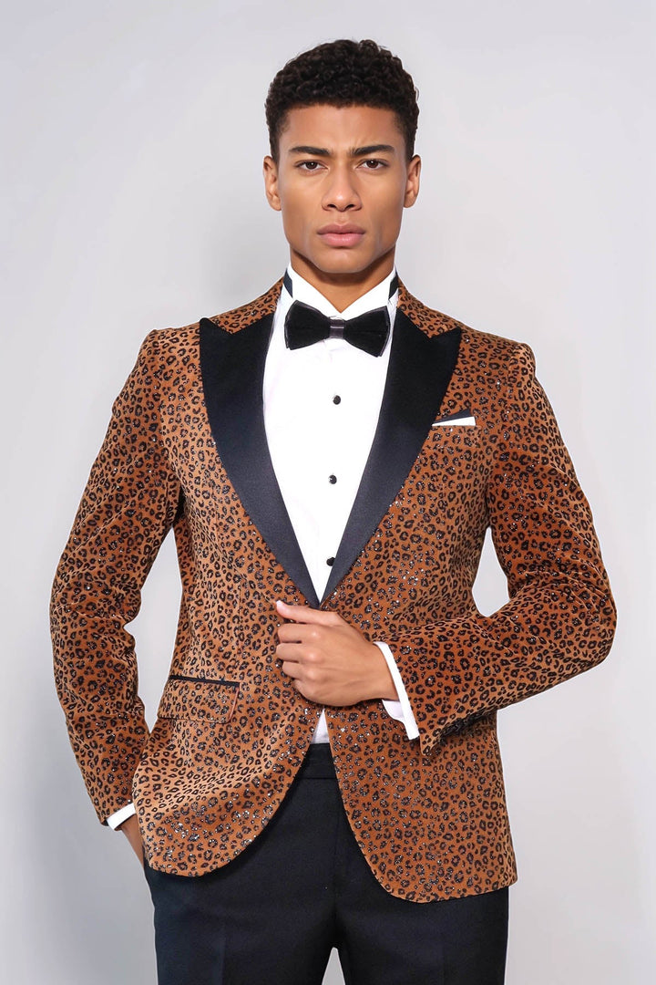 WSS Leopard Pattern Slim Fit Peak Lapel Yellow Men Tuxedo Party Blazer - Belleville